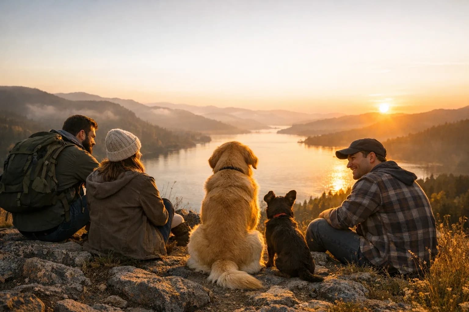 Friends and their dogs gathered at sunset by a lake