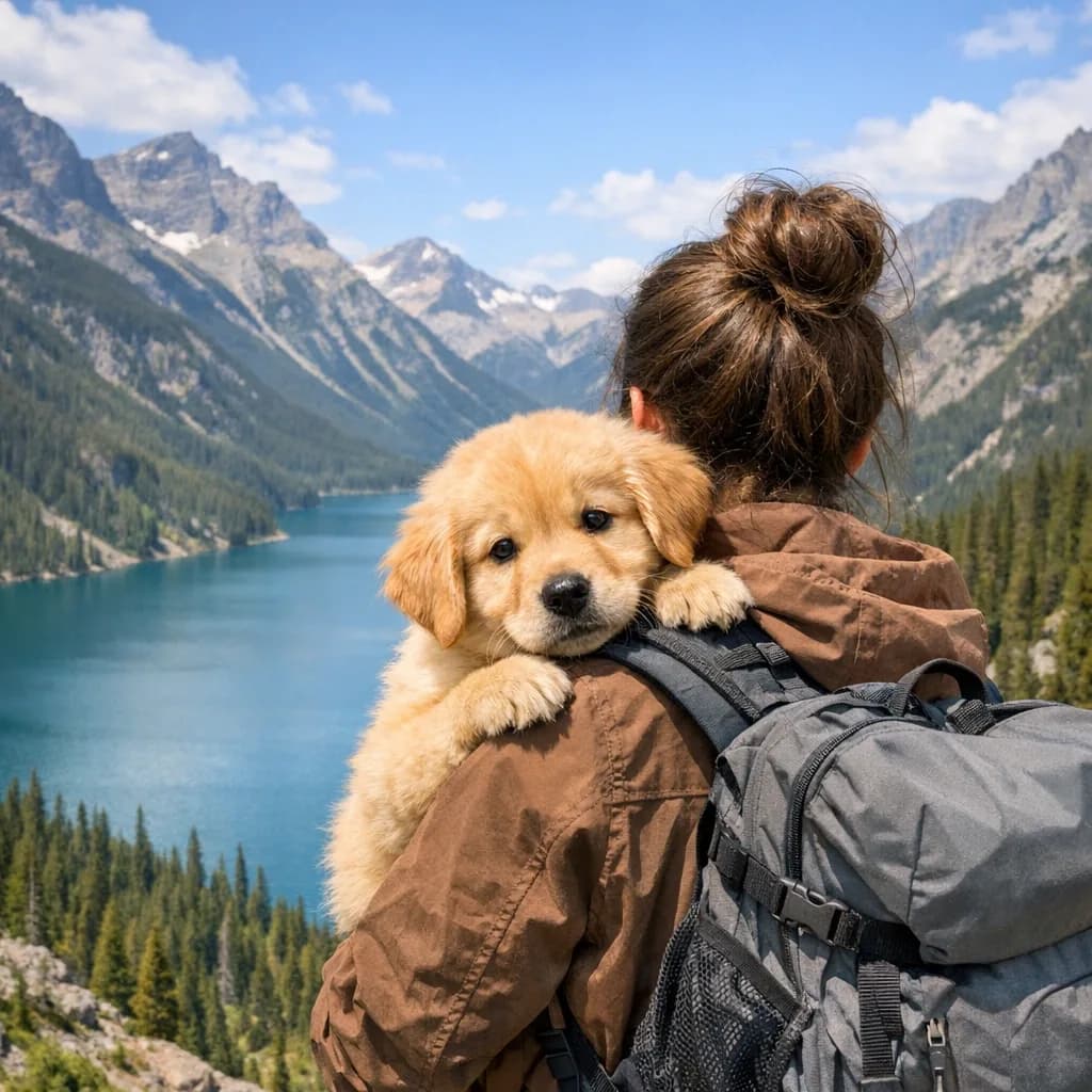 A hiker and her golden retriever looking at a mountain lake